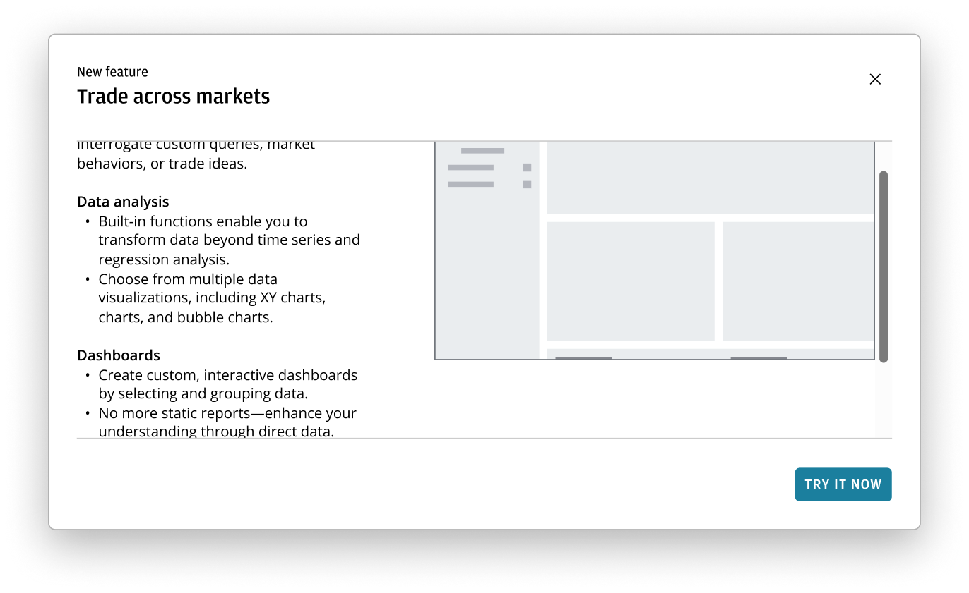 Announcement dialog with content area and image scroll