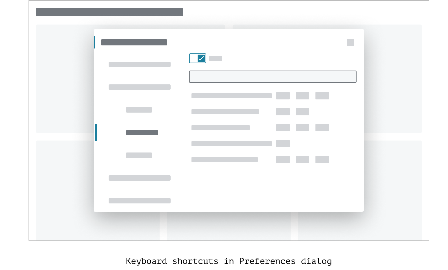 The Keyboard Shortcuts pattern located inside a preferences dialog