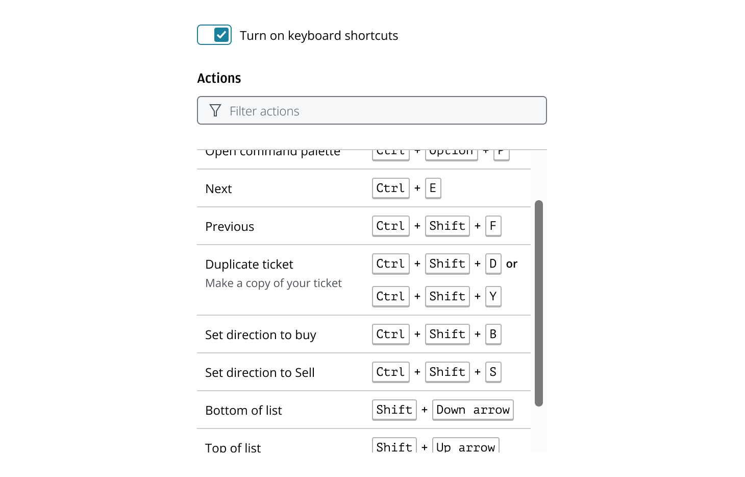 The keyboard Shortcuts pattern showing a vertical scrollbar with overflowing content